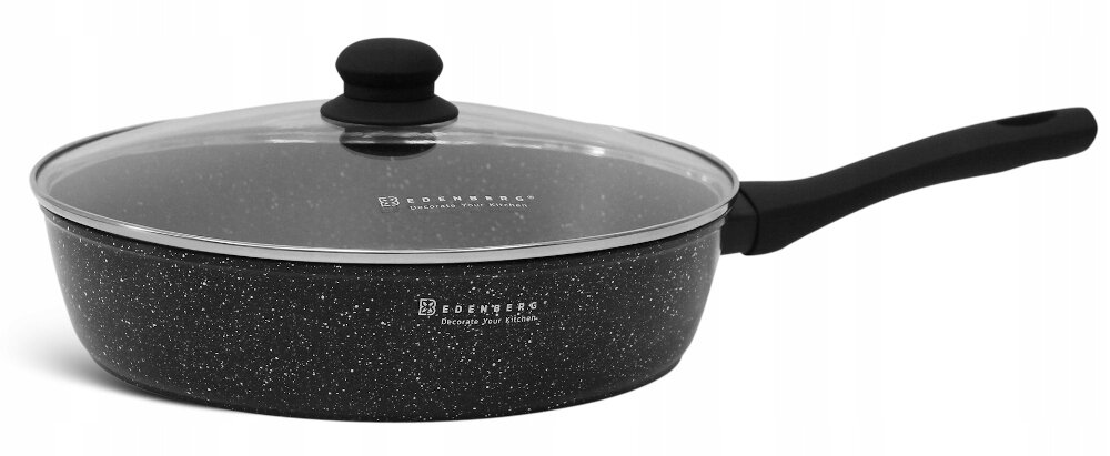 Na obrazie widoczna jest głęboka patelnia marmurowa z pokrywką, posiadająca czarny uchwyt. Na patelni znajduje się logo \'EDENBERG\' oraz napis \'Design your kitchen\'.