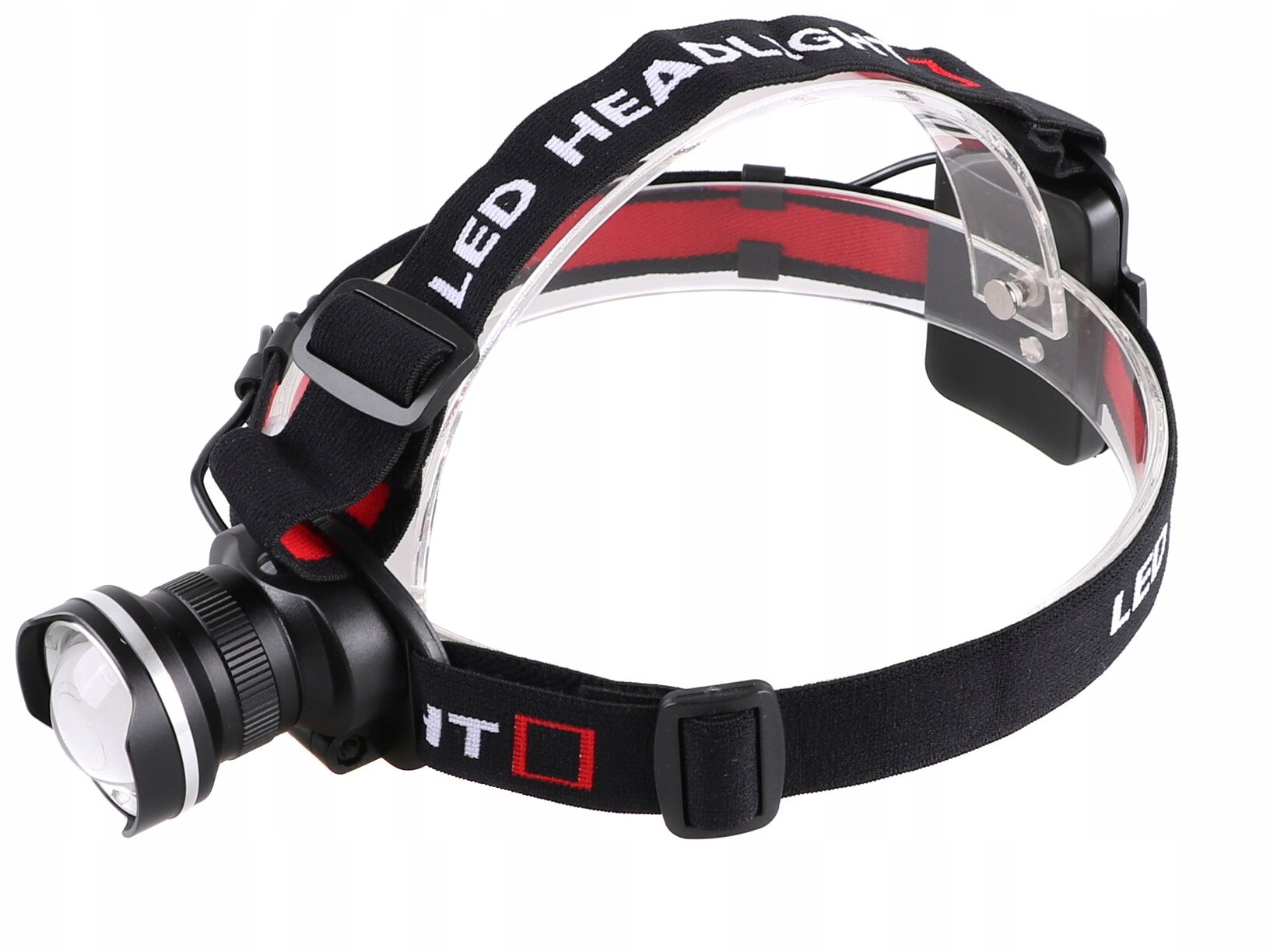 Latarka czołowa LED z zoomem z czarnym paskiem i napisem \'LED HEADLIGHT\'.