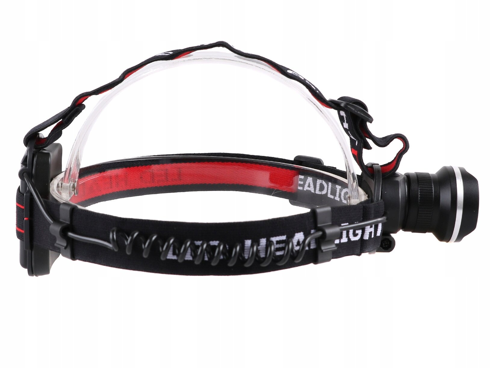 Latarka czołowa LED z zoomem z elastycznym paskiem, na którym widnieje napis \'HEADLIGHT\'.