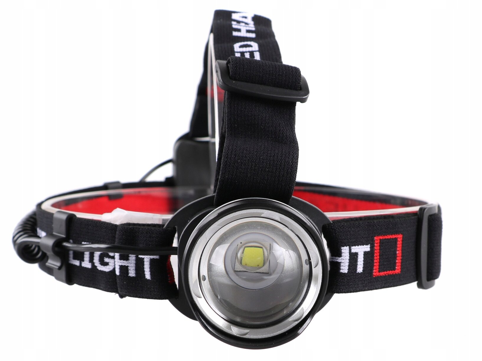 Latarka czołowa LED z zoomem z czarnym paskiem i białym napisem \'LED HEAD LIGHT\'.