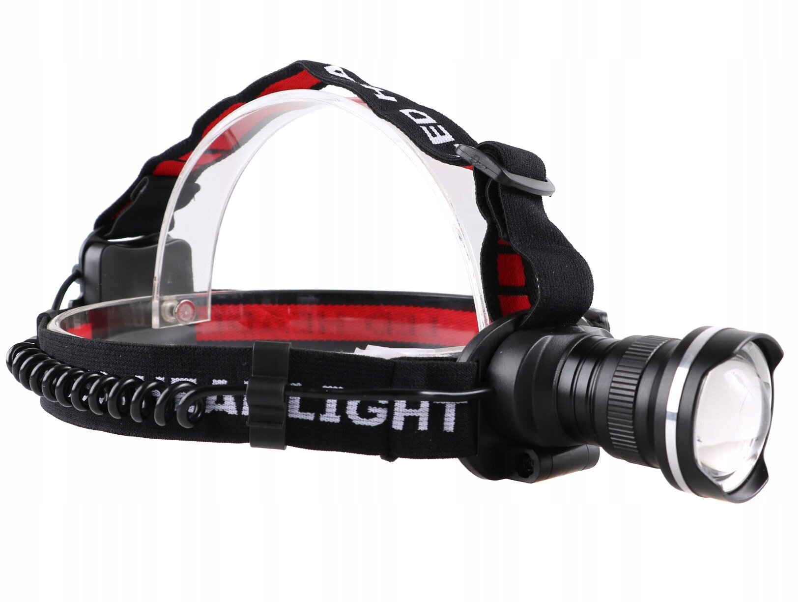 Latarka czołowa LED z zoomem, z czarnym paskiem i napisem \'HEADLIGHT\'.