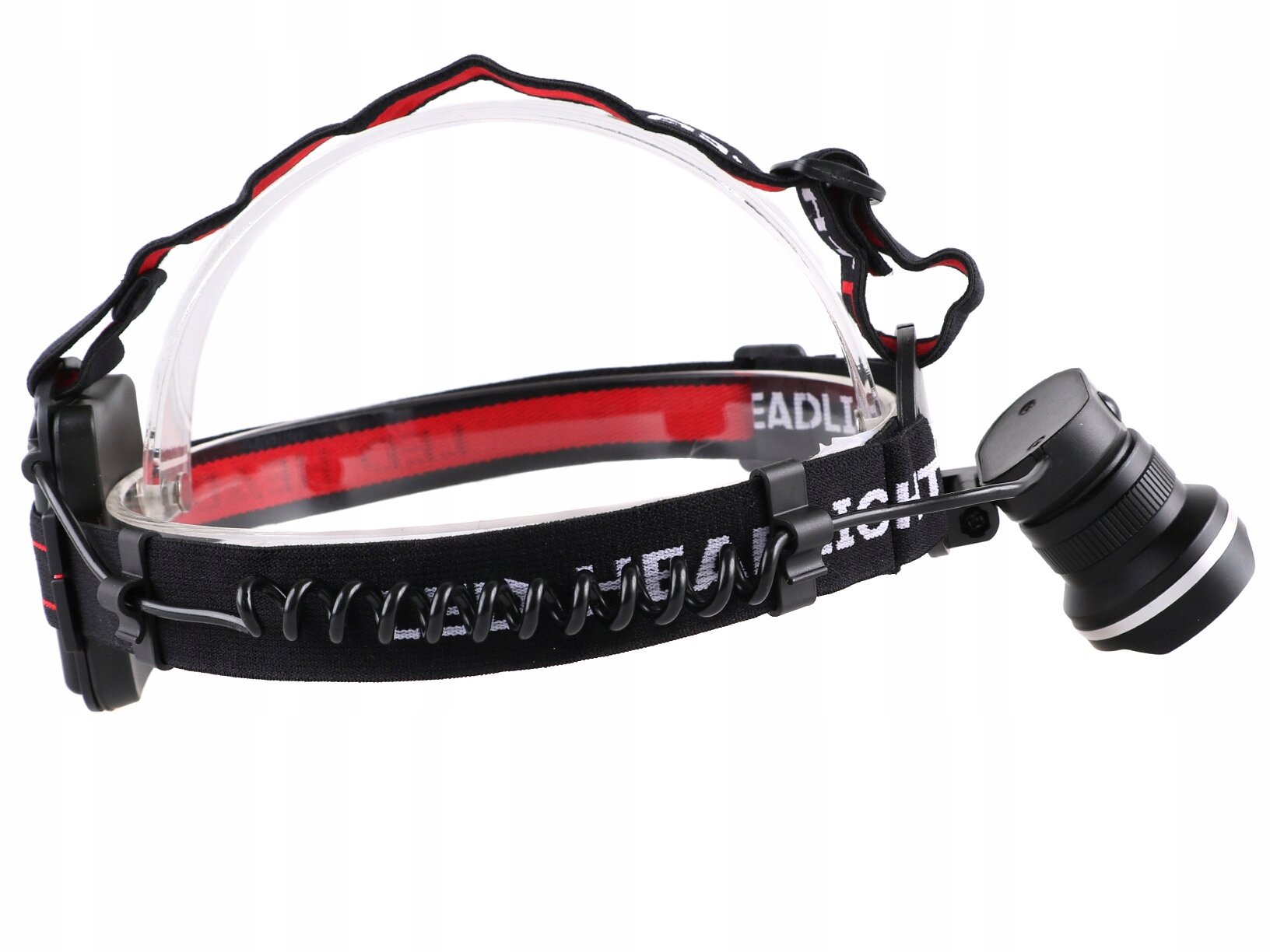 Na obrazie widoczna jest latarka czołowa z czarnym paskiem i regulowanym uchwytem. Na pasku znajduje się napis \'HEADLIGHT\'.