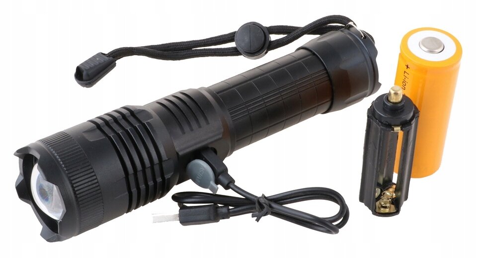 Na obrazie znajduje się czarna latarka LED z zoomem, kabel USB, żółta bateria oraz uchwyt na baterię.