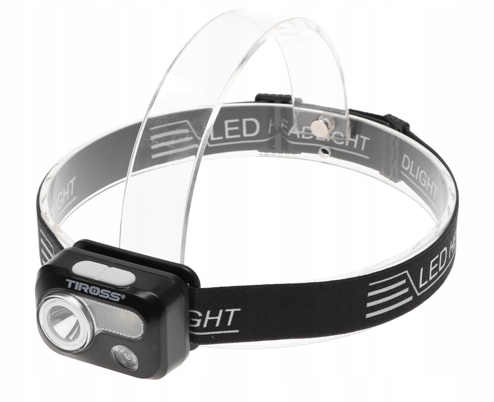 Czarna latarka czołowa z napisem \'TIROSS\' na elastycznym pasku z tekstem \'LED HEADLIGHT\'.