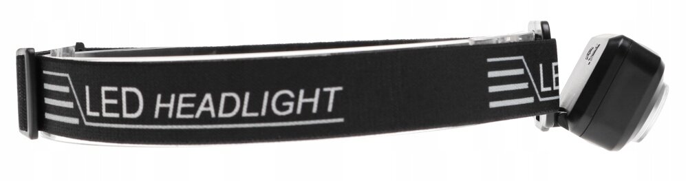 Czarna opaska z napisem \'LED HEADLIGHT\' i białymi liniami po bokach, z przymocowaną latarką czołową.