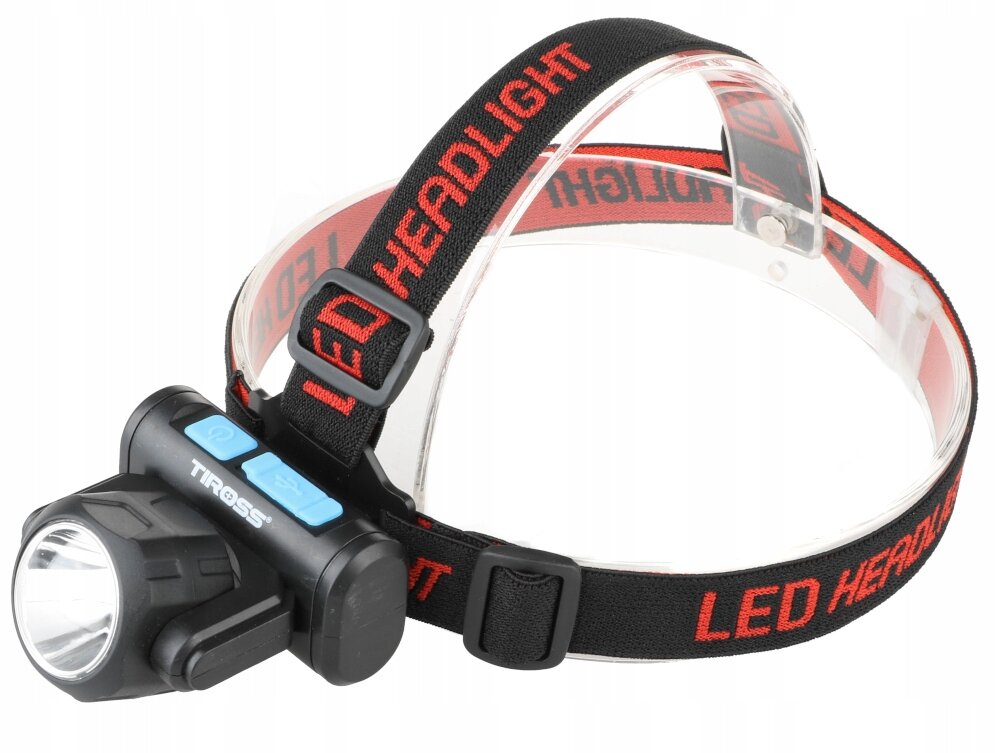 Czarna latarka czołowa z napisem \'TIROSS\' na obudowie i regulowanym paskiem z czerwonym napisem \'LED HEADLIGHT\'.