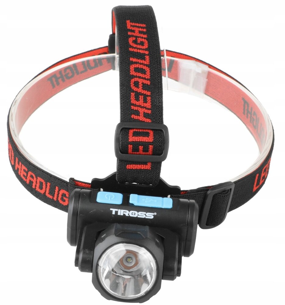 Czarna latarka czołowa z obrotową głowicą i elastycznym paskiem z napisem \'LED HEADLIGHT\'. Na obudowie widoczne jest logo \'TIROSS\'.