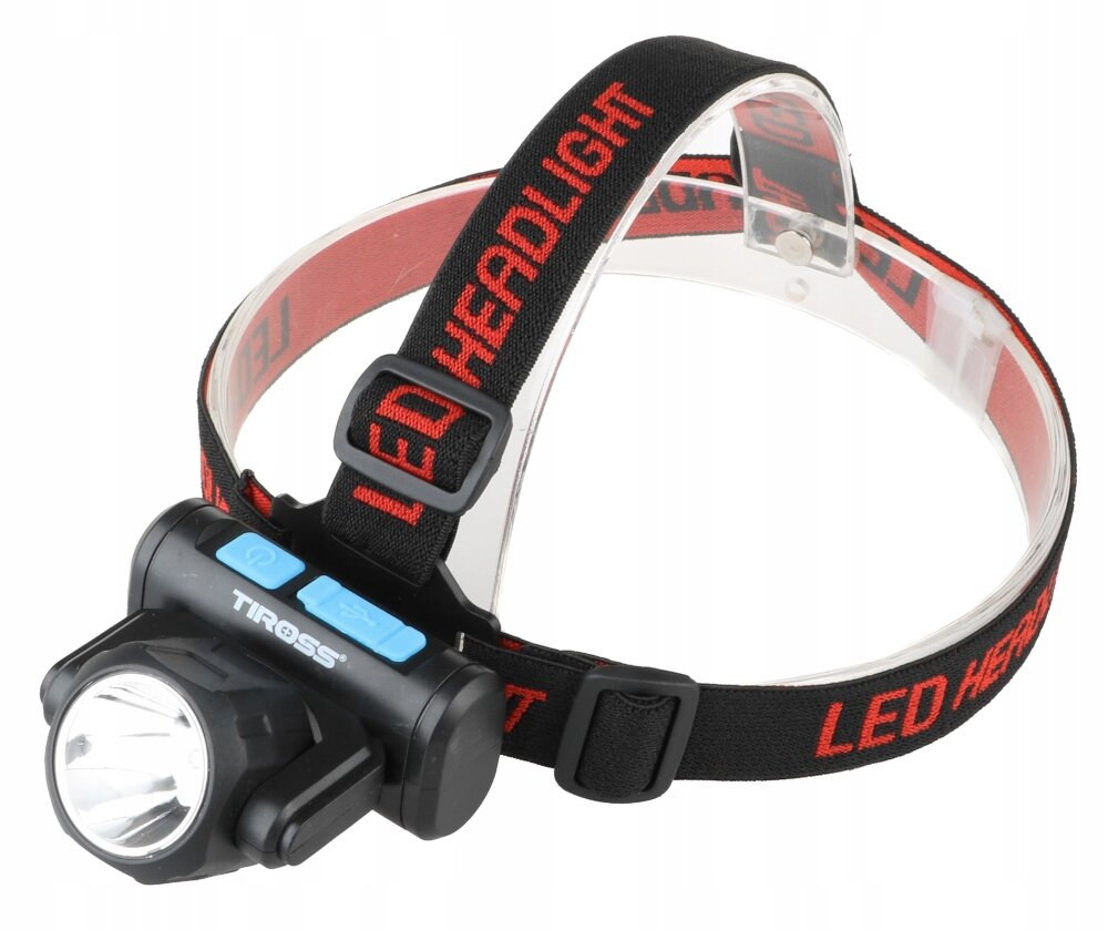Na zdjęciu znajduje się latarka czołowa z czarnym paskiem, na którym widnieje czerwony napis \'LED HEADLIGHT\'. Na obudowie latarki widoczny jest napis \'TIROSS\'.