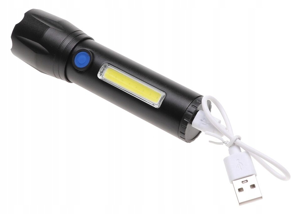 Czarna latarka kieszonkowa z niebieskim przyciskiem i żółtym panelem świetlnym, wyposażona w biały kabel USB.
