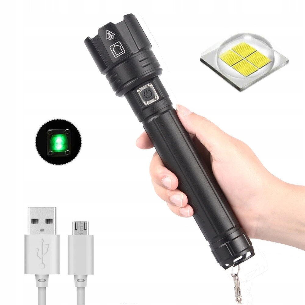 Osoba trzyma czarną latarkę LED z zoomem, obok widoczne są elementy takie jak zielone światło, żółty panel LED oraz kabel USB z końcówką micro USB.