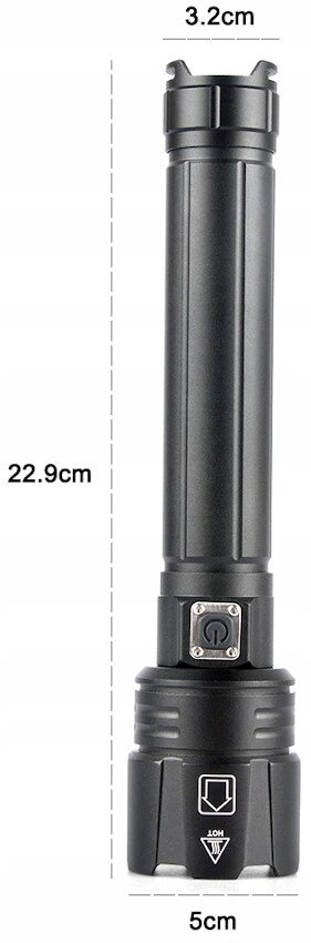 Czarna latarka LED z zoomem o wymiarach 22.9 cm wysokości, 3.2 cm szerokości i 5 cm średnicy podstawy. Na obudowie widoczne są symbole oraz przycisk zasilania.