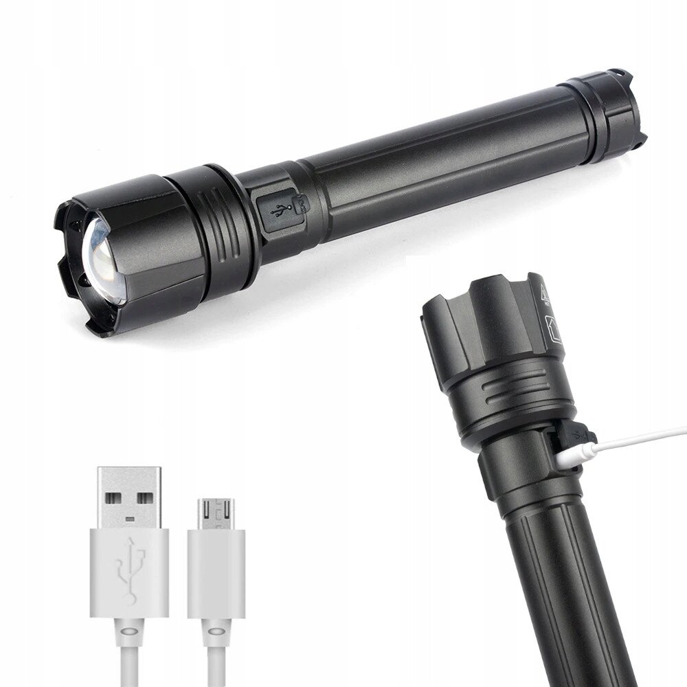 Na obrazie widoczna jest czarna latarka LED z funkcją zoomu oraz biały kabel USB z końcówką micro USB. Latarka ma cylindryczny kształt i widoczny port ładowania USB.