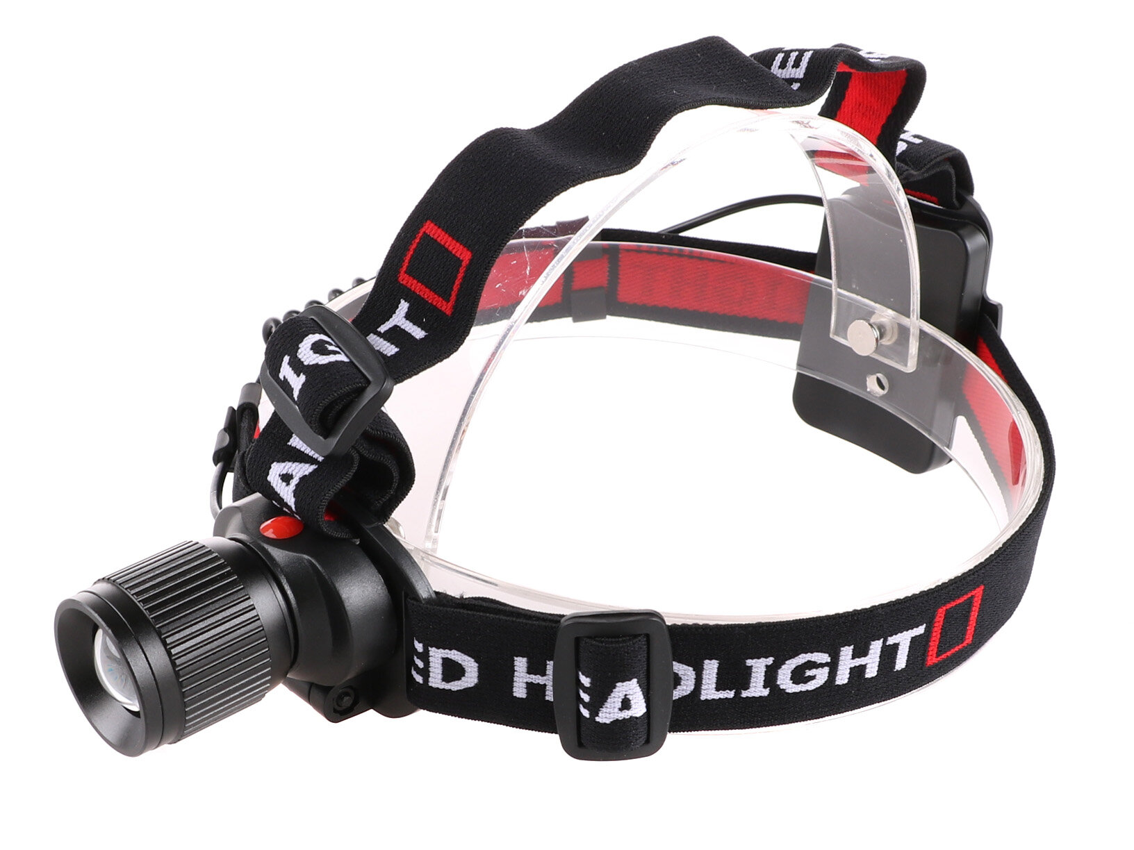 Na zdjęciu znajduje się czarna latarka czołowa z elastycznym paskiem, na którym widnieje napis \'LED HEADLIGHT\'.