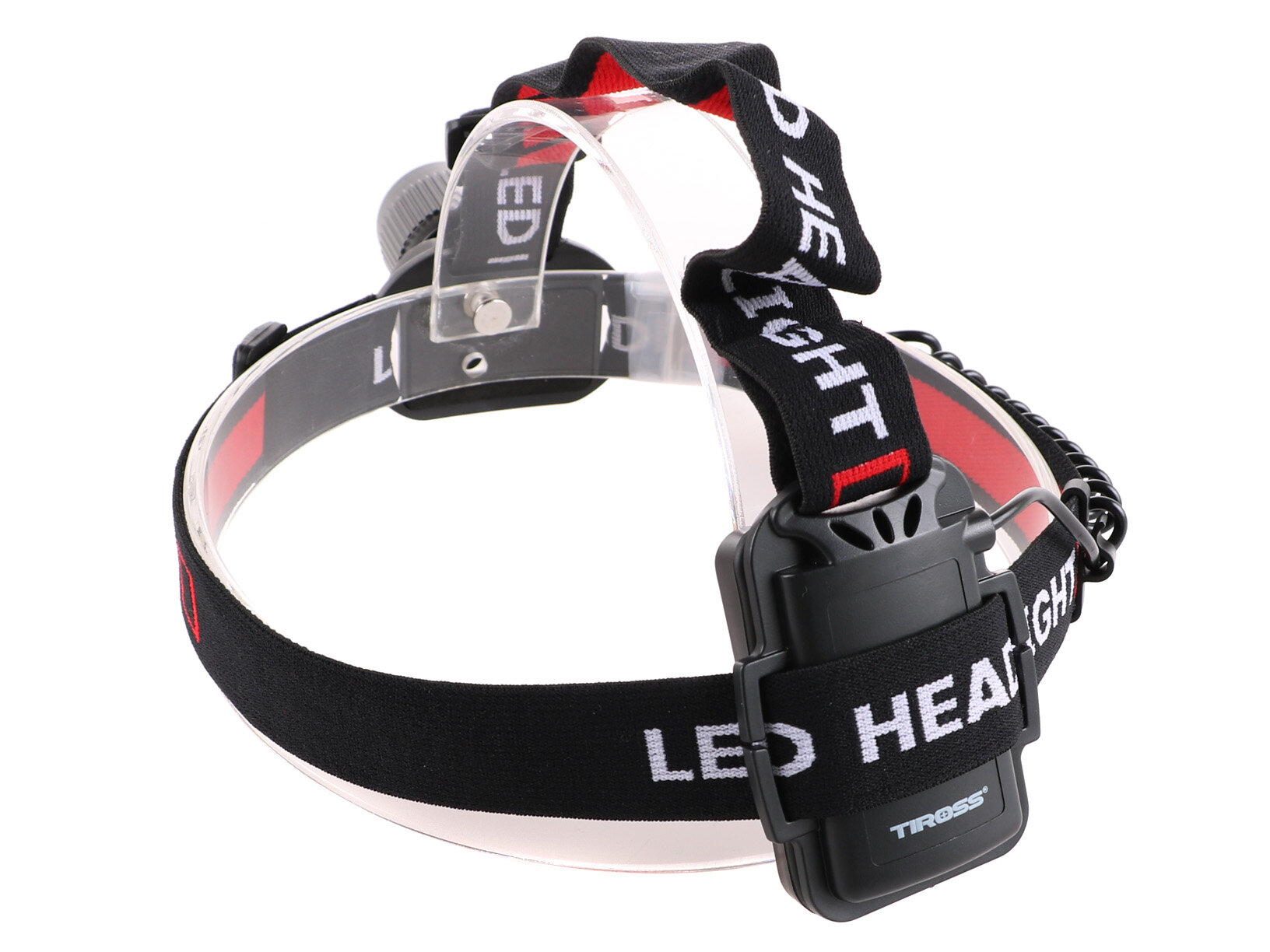 Na zdjęciu widoczna jest latarka czołowa z czarnym paskiem, na którym znajduje się biały napis \'LED HEADLIGHT\'. Na obudowie latarki widnieje logo \'TROSS\'.