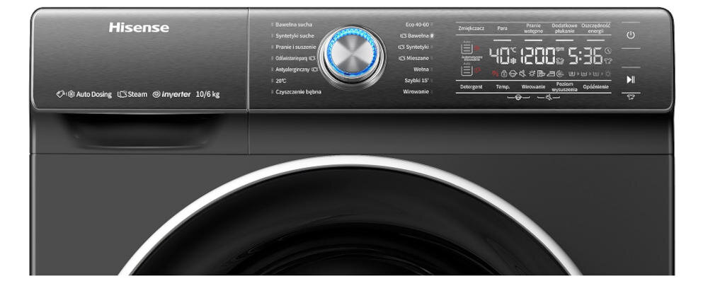 HISENSE-WDQR1014EVAJ pralko-suszarka nowoczesny prosta obsługa wyświetlacz elektroniczny proste czytelne nowoczesny wygląd