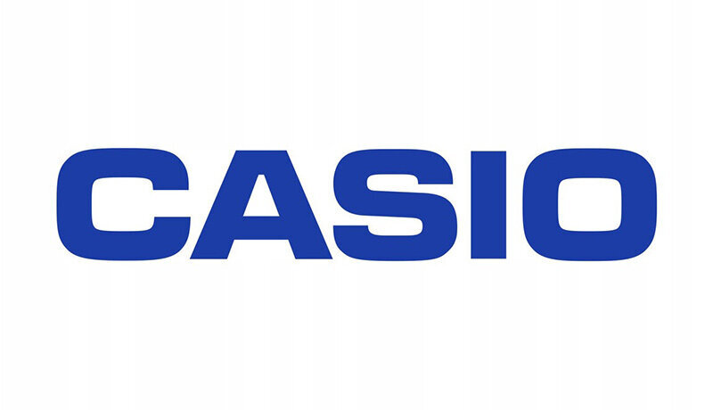 Logo z napisem \'CASIO\' w kolorze niebieskim na białym tle.