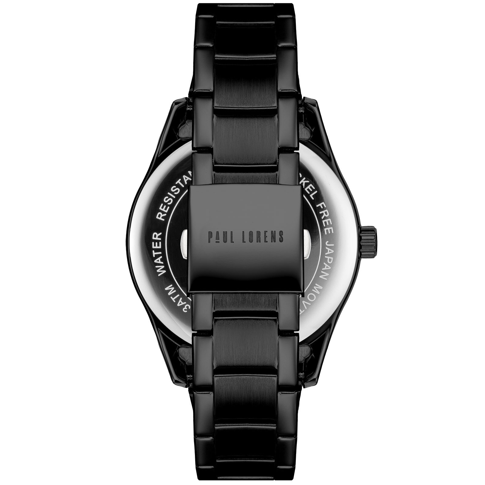 Czarny zegarek z metalową bransoletą, na deklu widoczny napis \'PAUL LORENS\'. Wokół napisu znajdują się informacje: \'3 ATM WATER RESISTANT\', \'NICKEL FREE\', \'JAPAN MOVT\'.