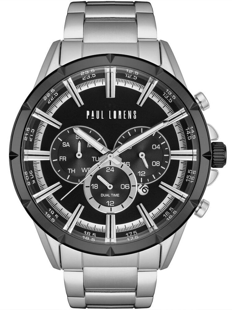 Zegarek z metalową bransoletą i czarną tarczą, na której widoczne są trzy mniejsze tarcze oraz napisy: \'PAUL LORENS\' i \'DUAL TIME\'.