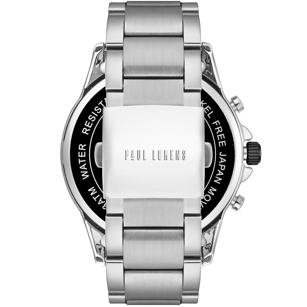 Zegarek z metalową bransoletą i zapięciem, na którym widnieje napis \'PAUL LORENS\'. Na kopercie widoczny jest napis \'5 ATM WATER RESISTANT NICKEL FREE JAPAN MOVT\'.