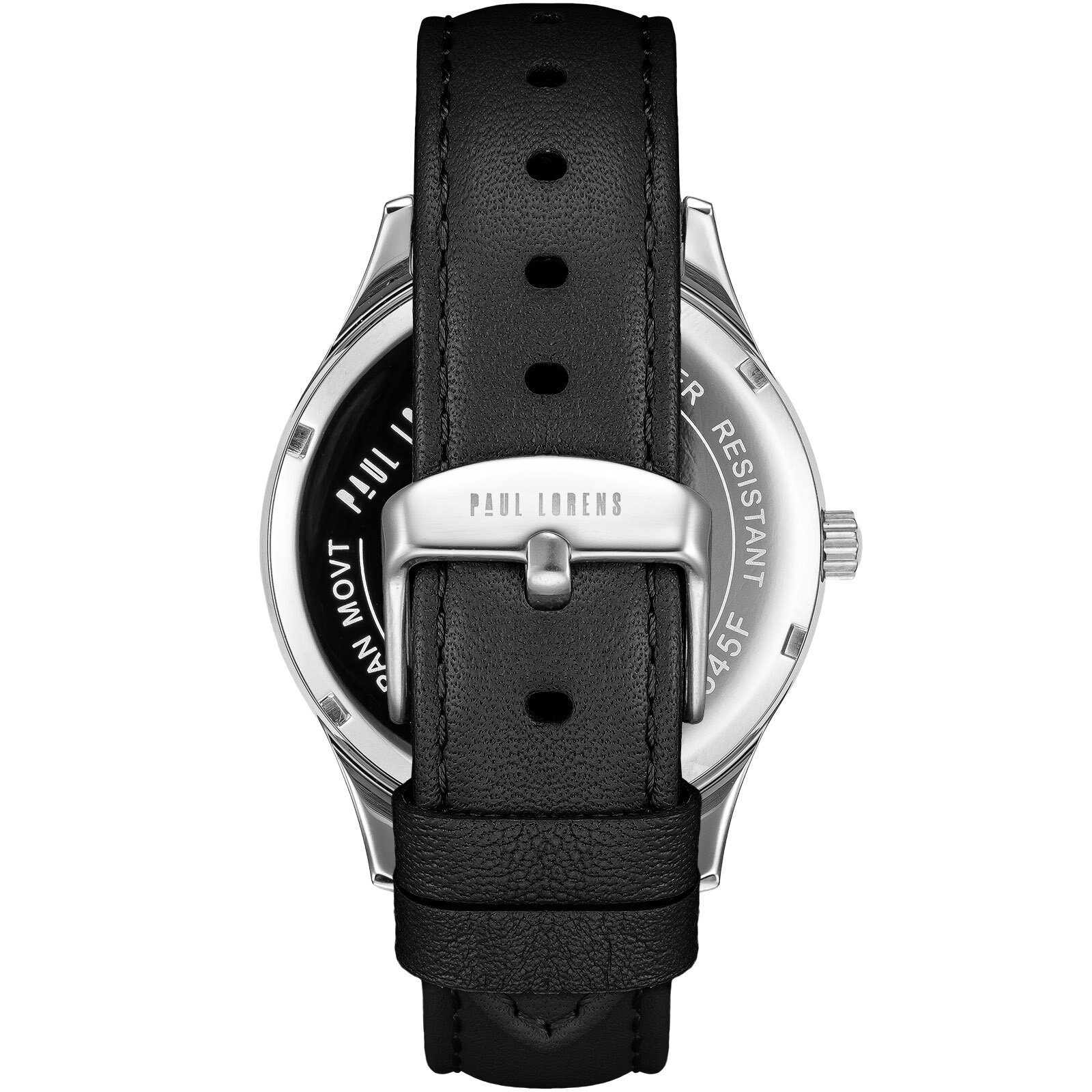 Zegarek z czarnym skórzanym paskiem i srebrną klamrą z napisem \'PAUL LORENS\'. Na kopercie widoczny jest napis \'WATER RESISTANT\'.