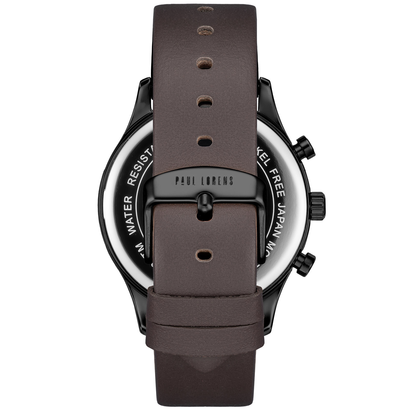 Zegarek z brązowym skórzanym paskiem, na którym widnieje napis \'PAUL LORENS\'. Tarcza zegarka jest częściowo widoczna, z napisem \'WATER RESISTANT NICKEL FREE JAPAN\'.