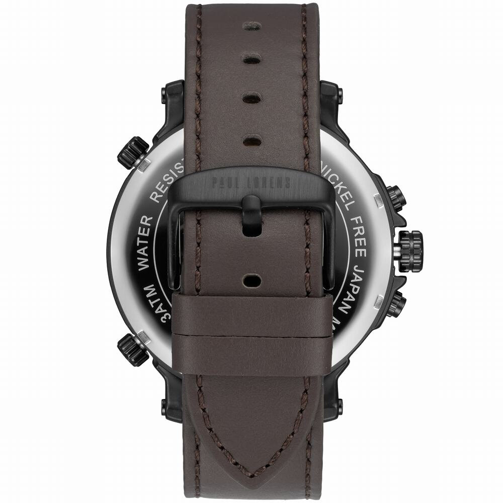 Zegarek z brązowym skórzanym paskiem i metalową klamrą z napisem \'PAUL LORENS\'. Na kopercie widoczny jest napis \'3ATM WATER RESISTANT NICKEL FREE JAPAN\'.