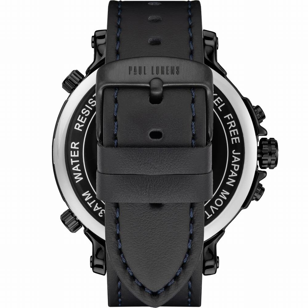 Zdjęcie przedstawia tył zegarka z czarnym skórzanym paskiem i zapięciem z napisem \'PAUL LORENS\'. Na obudowie zegarka widoczny jest tekst: \'3ATM WATER RESISTANT, NICKEL FREE, JAPAN MOVT\'.