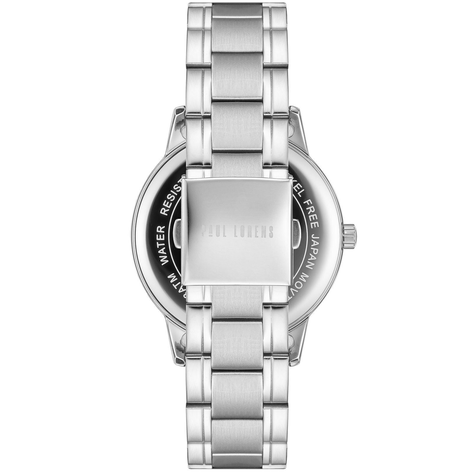 Zegarek z metalową bransoletą i zapięciem, na którym widnieje napis \'PAUL LORENS\'. Na odwrocie koperty widoczny jest napis \'WATER RESISTANT\' oraz inne informacje techniczne.