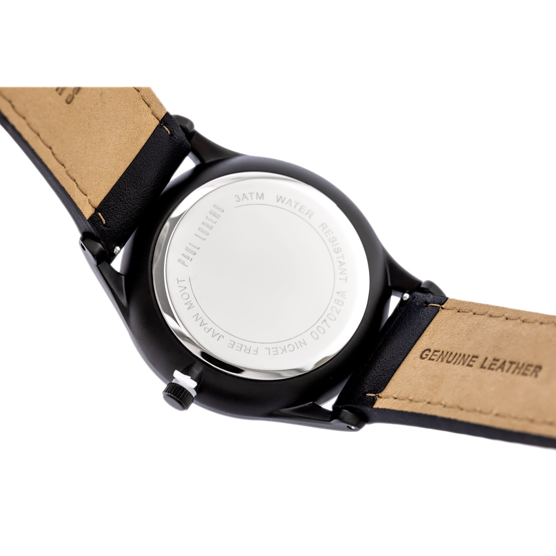 Zdjęcie przedstawia tylną część zegarka z metalową kopertą i skórzanym paskiem. Na kopercie widoczny jest napis: \'3ATM WATER RESISTANT 7028A2 NICKEL FREE JAPAN MOVT PAUL LORENS\', a na pasku napis: \'GENUINE LEATHER\'.