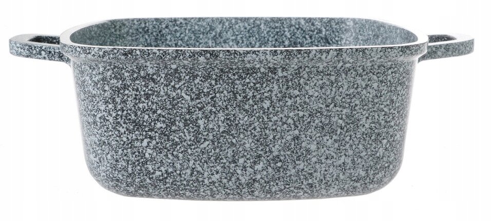 Kwadratowy garnek o marmurowym wzorze, z dwoma uchwytami po bokach. Wykonany z materiału ceramicznego, przeznaczony do indukcji.