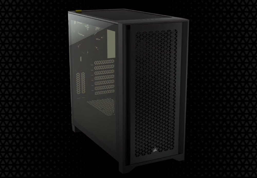 Komputer MAD DOG CORSAIR4000-A01WD32 Czarna obudowa komputerowa z panelem ze szkła hartowanego i frontem o strukturze siatki z trójkątów, obudowa, wygląd, wentylacja, porty