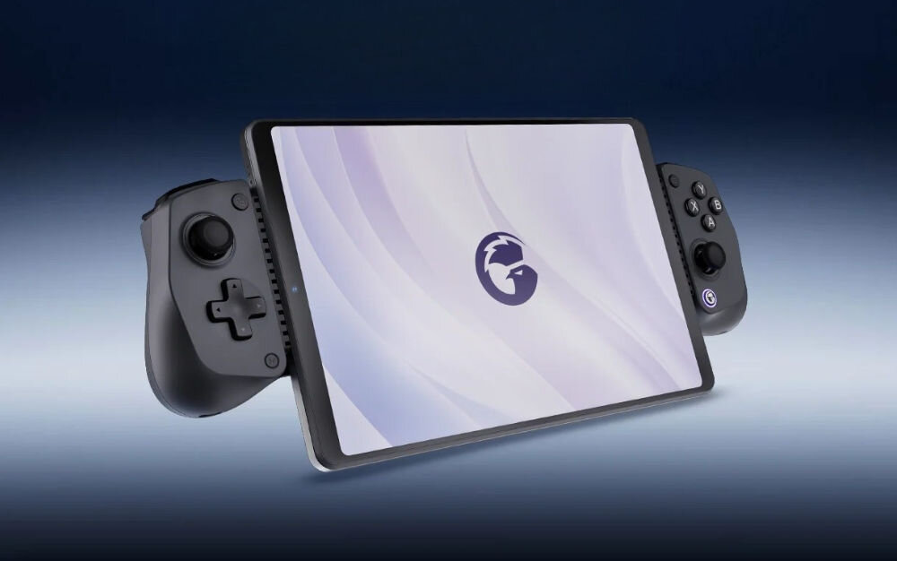 Kontroler GAMESIR X5s Czarny
                z zamocowanym tabletem na niebieskim tle