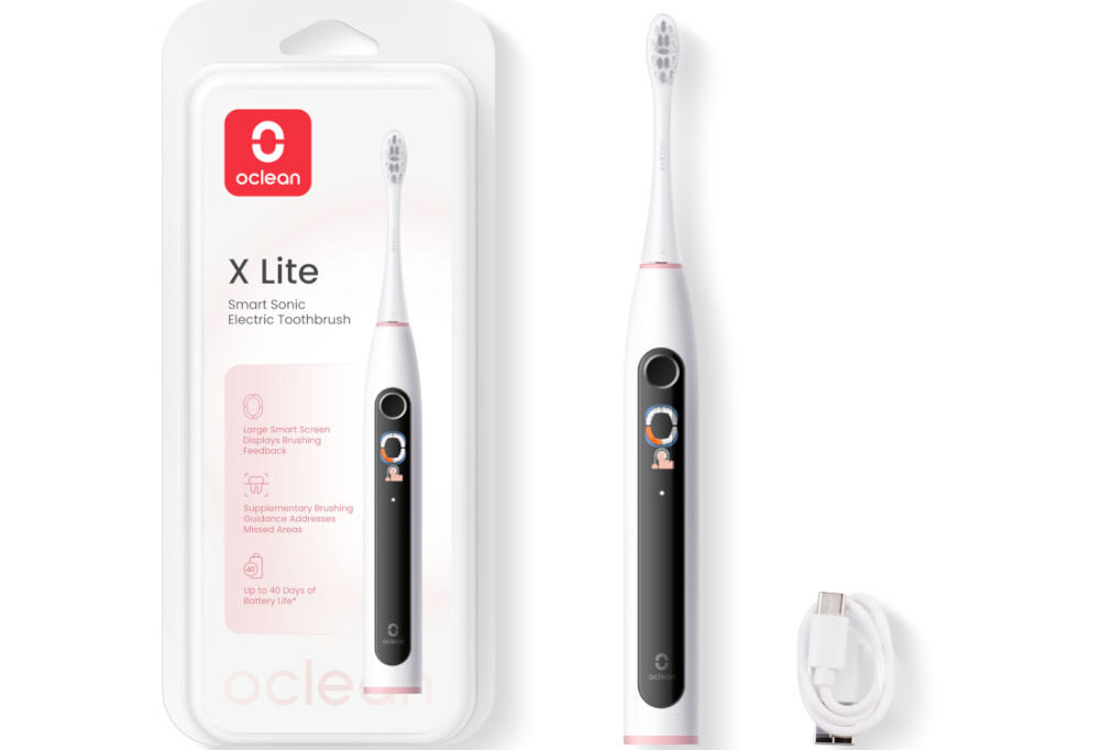 Na obrazie widoczna jest szczoteczka soniczna w kolorze szarym oraz jej opakowanie z logo \'oclean\'. Opakowanie zawiera tekst: \'X Lite Smart Sonic Electric Toothbrush\'.