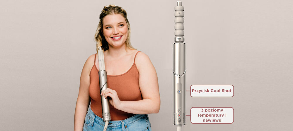 Suszarko-lokówka SHARK HD446SLEU Flexstyle Szary 30, 40 mm 1400 W jasne tło kobieta nawija włosy na końcówkę do loków beżowa suszarka przyciski trzy poziomy ciepła i prędkości strumienia powietrza dostosowanie parametrów funkcja CoolShot trwałe efekty zimne powietrze zamknięcie łusek włosa wygładzenie długotrwałe rezultaty 