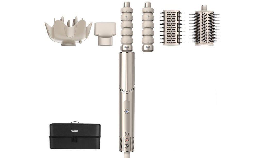Suszarko-lokówka SHARK HD446SLEU Flexstyle Szary 30, 40 mm 1400 W koncentrator szczotka owalna szczotka prostująca 2 automatyczne nasadki do loków dyfuzor etui przewodnik po fryzurach dokumentacja białe tło