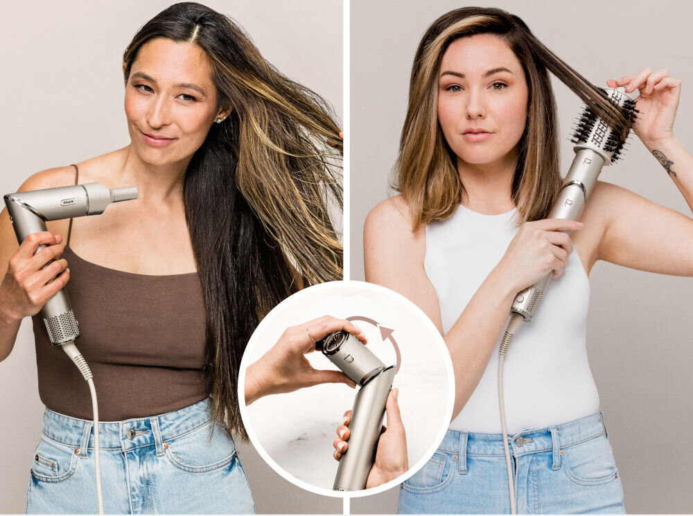 Suszarko-lokówka SHARK HD446SLEU Flexstyle Szary 30, 40 mm 1400 W jasne tło kobieta kręcąca włosy druga kobieta używa dyfuzora do loków obrazek pokazujący przekształcanie urządzenia  suszenie wszechstronne urządzenie wysuszenie i wystylizowanie włosów na różne sposoby aktywacja funkcji Flex zmiana ustawienia głowicy przekształcenie suszarki w urządzenie do stylizacji włosów 