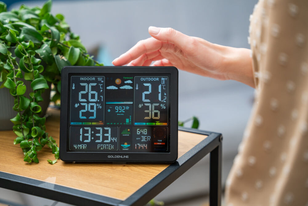 Stacja pogody GOLDENLINE GMS500 z aktywnym wyświetlaczem zmiana ustawień zakres temperatur zakres pomiaru wilgotności zasięg