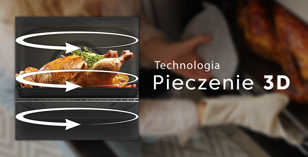 PIEKARNIK BEKO XBCBIM17600KSBS wizualizacja strzałki kierunki mięso Pieczenie 3D aktywacja wszystkich grzałek wentylatora Równomierne ogrzewanie potrawy