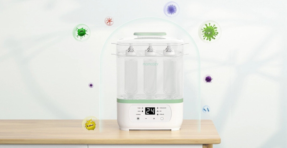 Sterylizator MOMCOZY BS002 8w1 Skuteczność pary wodnej Technologia sterylizacji parowej  bakterie i wirusy  bezpieczne w użyciu spokój higiena bez stosowania chemii