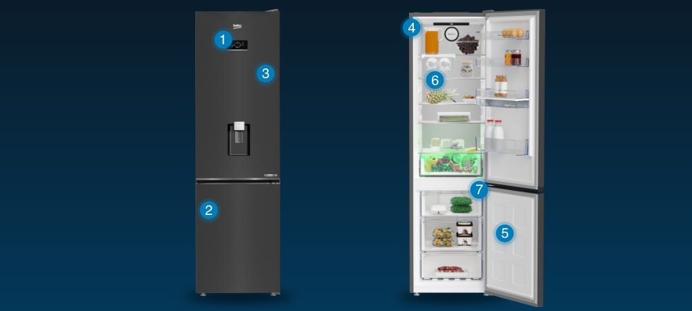 LODÓWKA BEKO B5RCNA405HDXBR wizualizacja pukty wyróżniki Wyświetlacz elektroniczny Minimalistyczny design wygląd platynowy Oświetlenie Led szuflady mrożenie półka na wino napoje 