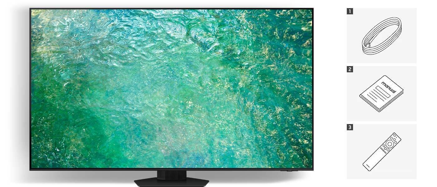 Samsung QN85C sprzedawany w Media Expert w opakowaniu z pilotem, kablem zasilającym, dokumentacją