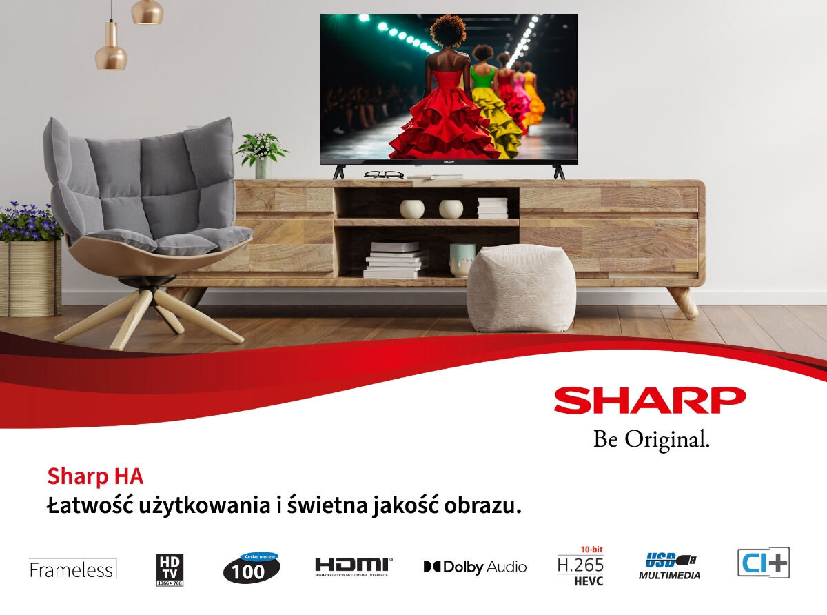 Telewizor SHARP 32HA1705E - Design i dobry obraz, telewizor stojący w salonie
