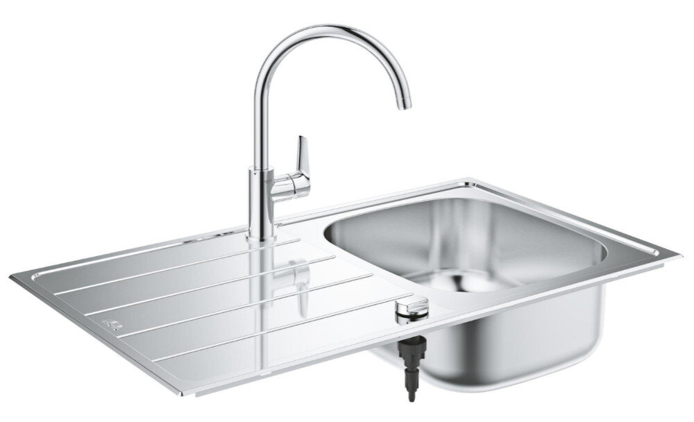 Zlewozmywak jednokomorowy z ociekaczem GROHE K200 31562SD1 Stal szlachetna 50x86 + bateria stojąca Bau Edge 31367001 Na zdjęciu widać stalowy zlewozmywak z ociekaczem i baterią zdjęcie packshot