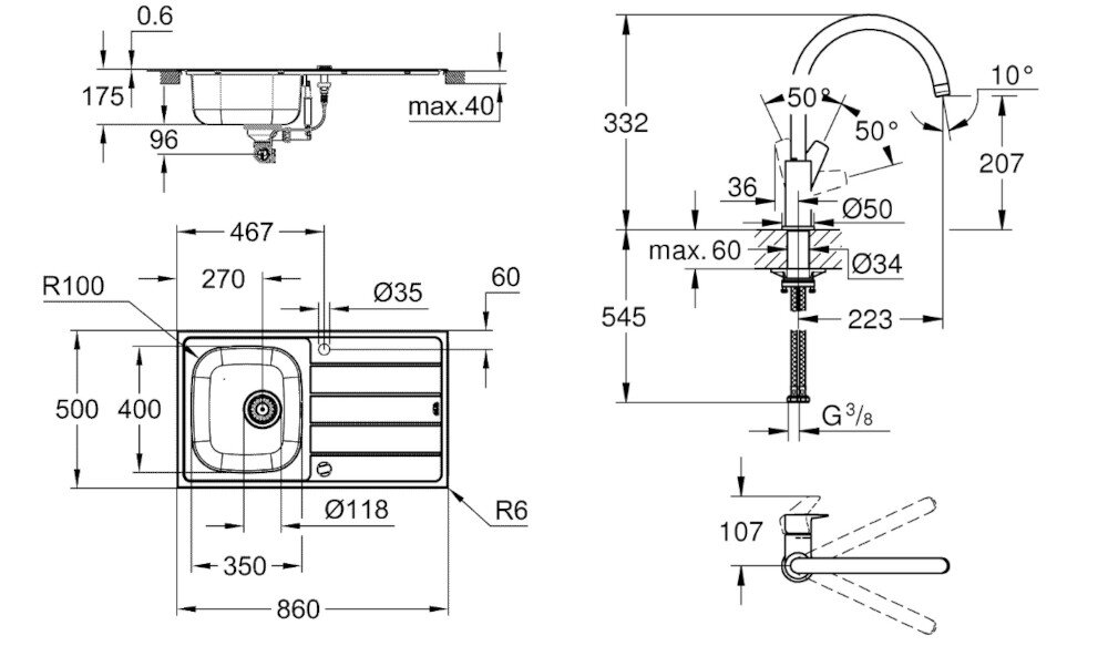 Zlewozmywak jednokomorowy z ociekaczem GROHE K200 31562SD1 Stal szlachetna 50x86 + bateria stojąca Bau Edge 31367001 Na rysunku technicznym przedstawiono zlewozmywak półtorakomorowy z ociekaczem wraz z wymiarami całkowitymi i montażowymi. Widok z góry i z boku pokazuje m.in. szerokość 860 mm, głębokość komory 175 mm, promienie zaokrągleń oraz średnice otworów pod baterię i odpływ zdjęcie rysunek techniczny wymiary