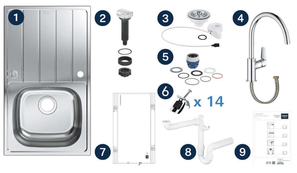 Zlewozmywak jednokomorowy z ociekaczem GROHE K200 31562SD1 Stal szlachetna 50x86 + bateria stojąca Bau Edge 31367001 Na zdjęciu przedstawiono kompletny zestaw montażowy do zlewozmywaka, obejmujący sam stalowy zlewozmywak z ociekaczem, korek z korkiem automatycznym, syfon, odpływ oraz 14 zaczepów mocujących. Po prawej stronie widoczne są również instrukcja montażu i papierowy szablon wycięcia otworu w blacie