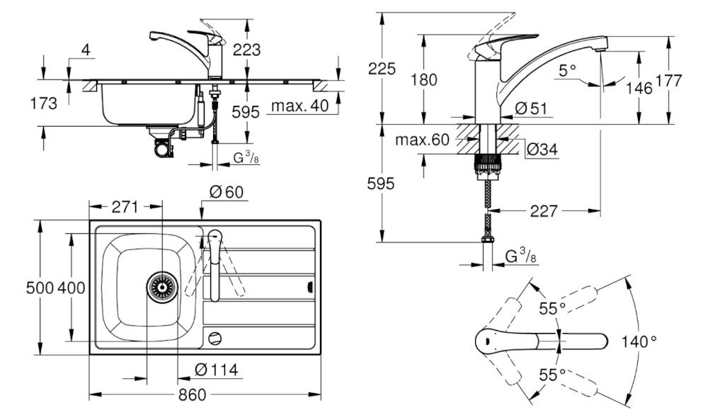 Zlewozmywak jednokomorowy z ociekaczem GROHE K200 31565SD1 Stal szlachetna 50x86 + bateria stojąca Eurosmart 3328100311 Na rysunku technicznym przedstawiono zlewozmywak półtorakomorowy z ociekaczem wraz z wymiarami całkowitymi i montażowymi. Widok z góry i z boku pokazuje m.in. szerokość 860 mm, głębokość komory 175 mm, promienie zaokrągleń oraz średnice otworów pod baterię i odpływ zdjęcie rysunek techniczny wymiary
