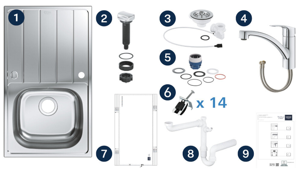 Zlewozmywak jednokomorowy z ociekaczem GROHE K200 31565SD1 Stal szlachetna 50x86 + bateria stojąca Eurosmart 3328100311 Na zdjęciu przedstawiono kompletny zestaw montażowy do zlewozmywaka, obejmujący sam stalowy zlewozmywak z ociekaczem, korek z korkiem automatycznym, syfon, odpływ oraz 14 zaczepów mocujących. Po prawej stronie widoczne są również instrukcja montażu i papierowy szablon wycięcia otworu w blacie