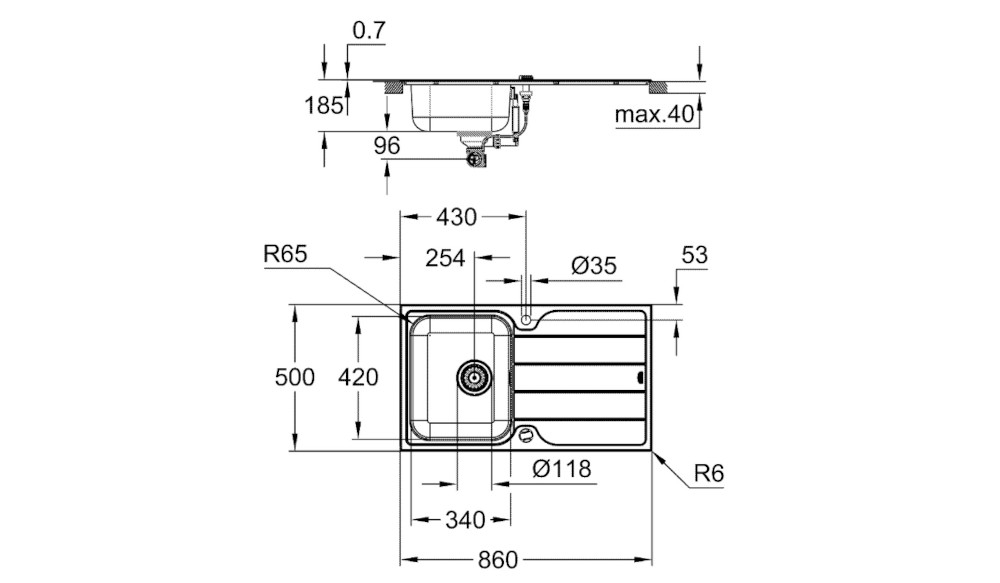 Zlewozmywak jednokomorowy z ociekaczem GROHE K500 31571SD1 Stal szlachetna Na rysunku technicznym przedstawiono zlewozmywak jednokomorowy z ociekaczem wraz z wymiarami całkowitymi i montażowymi. Widok z góry i z boku pokazuje m.in. szerokość 860 mm, głębokość komory 175 mm, promienie zaokrągleń oraz średnice otworów pod baterię i odpływ zdjęcie rysunek techniczny wymiary
