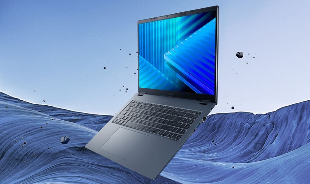 Laptop ACER TravelMate P4 16 prezentuje obrotową konstrukcję 2w1 na futurystycznym niebieskim tle podczas mobilnej pracy biznesowej.