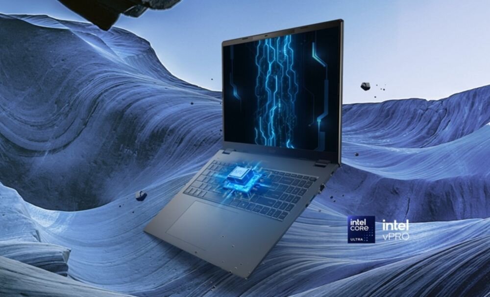 Laptop ACER TravelMate P4 16 z procesorem Intel Core Ultra vPro i rysikiem prezentuje funkcje AI na futurystycznym tle.